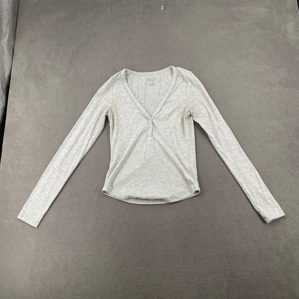 American Eagle Womens Small Gray Ribbed Henley Long Sleeve V-Neck Lace Trim Top